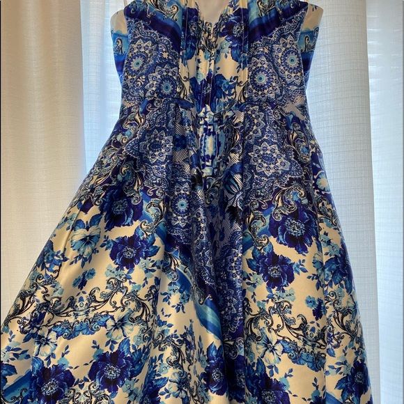Blue/White Detailed Strapless Maxi Prom Dress - Picture 1 of 5